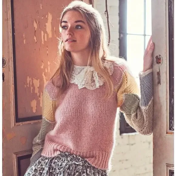 LoveShackFancy Aspyn Alpaca Knit Pastel Color Block Pullover Sweater - Picture 2 of 5